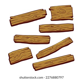 Set of wooden board. Brown timber plank. Rustic textured Panel. Handmade construction material isolated on white background