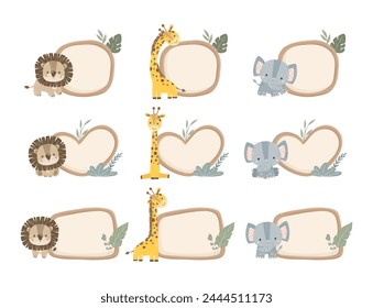 Set aus Holz Opslagstavle mit niedlichen Safari Tiere mit Blättern Clipart