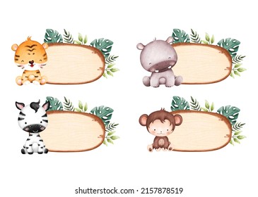 Set of wooden board with leaves and baby animals   