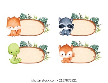 Set of wooden board with leaves and baby animals 