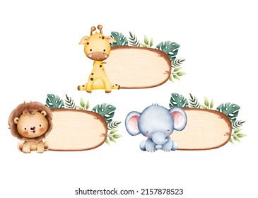 Set of wooden board with leaves and baby animals 