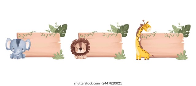 Set of Wooden Board with Safari Animals and Tropical Leaves