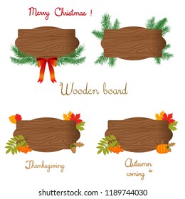Set of wooden boards with decorative elements. Vector illustration for autumn posters, thanksgiving, christmas and new year.