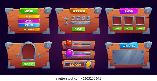 Set of wooden boards with iron corners for game ui design isolated on background. Vector cartoon illustration of wood texture menu, settings, score, credits frames. Sound level, save, buy buttons