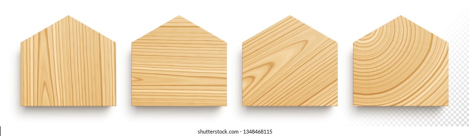 Set of wooden boards in shape of houses with different textures on white background