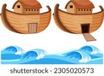 Set of wooden boat and wave illustration