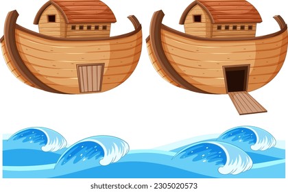 Set of wooden boat and wave illustration