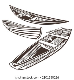 A set of wooden boats sketch. Retro wooden boats for fishing and walking