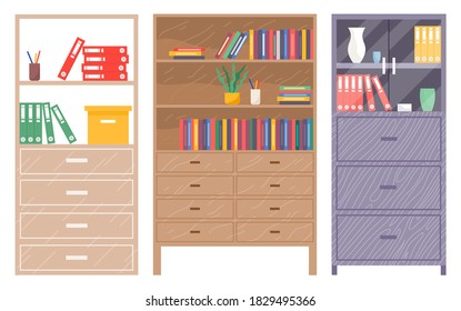 Set of wooden bookcase with colorful books. Education or bookstore concept, office furniture equipment with drawers, potted plant, vases. Shelves with notebooks or folders with documents, paper boxes