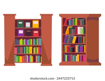 Eine Reihe von hölzernen Bücherregalen mit einer Vielzahl von hellen Büchern und Ordnern. Flache, isolierte Illustrationen für Bildungs-, Büro- oder Buchhandlungen. Kollektion von Schränken in Front- und Seitenprojektion.