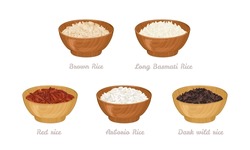 Set Of Wooden Bowls With Rice Seed Of Different Types. Arborio, Dark Wild Rice, Red, Long Basmati Rice And Brown Rice. Vector Cartoon Illustration.