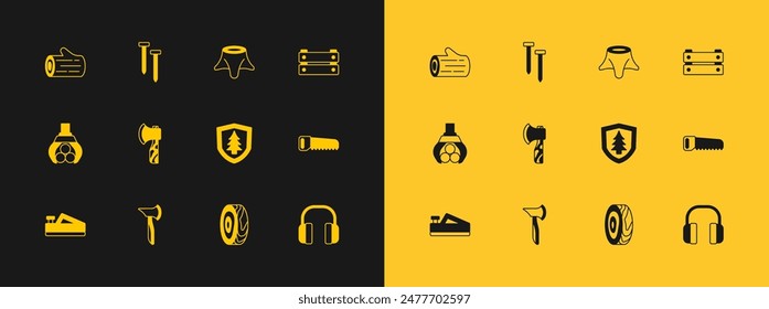 Set Wooden box, axe, Shield with tree, Tree rings, stump, log and Metallic nails icon. Vector