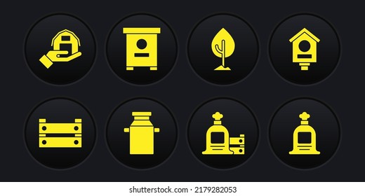 Set Wooden box, Bird house, Can container for milk, Full sack and wooden, Tree, Hive bees,  and Farm hand icon. Vector
