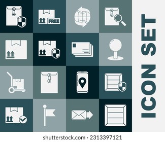 Set Wooden box, Delivery pack security with shield, Push pin, Worldwide, Cardboard traffic symbol, Envelope and  icon. Vector