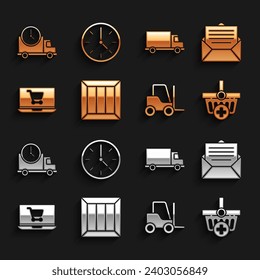 Set Wooden box, Envelope, Add to Shopping basket, Forklift truck, cart on laptop, Delivery cargo vehicle, Logistics delivery and clock and Clock icon. Vector