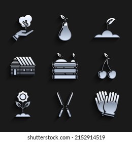 Set Wooden box for fruits and vegetables, Gardening handmade scissors trimming, gloves, Cherry, Flower, Farm house, Sprout and Tree of environmental protection icon. Vector
