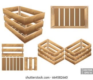 Set Of Wooden Box. For Fruits And Vegetables. Texture. Isolated On White Background.