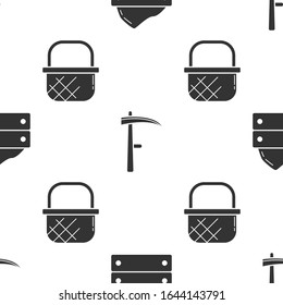 Set Wooden box with harvest, Scythe and Shopping basket on seamless pattern. Vector