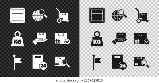 Set Wooden box, Magnifying glass with globe, Hand truck and boxes, Location marker, Delivery cardboard, Search package, Weight and hand icon. Vector