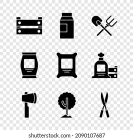 Set Wooden box, Paper package for milk, Shovel and rake, axe, Tree, Gardening handmade scissors, Fertilizer bag and  icon. Vector