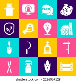 Set Wooden box, Scythe, Farm house, Speech bubble with, in hand, Shield leaf, Can container for milk and Location corn icon. Vector