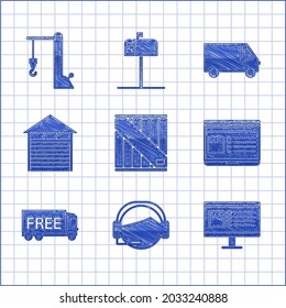 Set Wooden box, Support operator in touch, Computer monitor with app delivery tracking, Laptop, Free service, Closed warehouse, Delivery cargo truck vehicle and Harbor crane icon. Vector