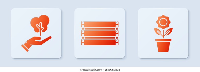 Set Wooden box, Tree in hand of environmental protection and Flower in pot. White square button. Vector