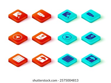 Set Wooden box, Umbrella, Infographic of city map navigation, Document tracking marker system, Envelope and with magnifying glass icon. Vector