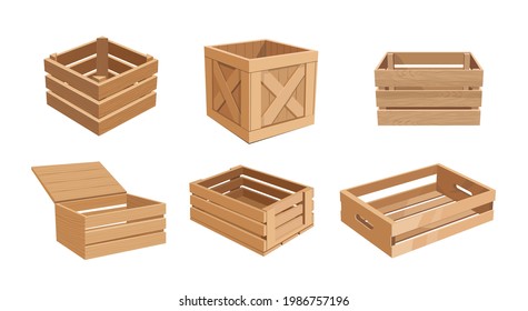 Conjunto de cajas de madera, cajas de distribución de carga. Parcelas para Embalaje de Mercancías, Paletas Aisladas, Contenedores Vacíos de Transporte. Drawers de madera y tarifas para el transporte de mercancías. Ilustración del vector de dibujos animados