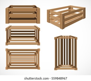 Set of wooden boxes. Empty crate for fruits and vegetables. Detailed vector illustration, Isolated. Box for transportation and storage of products