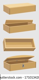 Set Of Wooden Boxes, Gift Boxes, Jewelry Box, Container, Wooden Crate. Open Wooden Box. Cartoon Vector