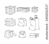 A set of wooden boxes and sandbags. Construction goods. Vector illustration with black contour lines, isolated on a white background.