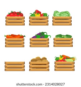 Mit Holzkisten und Gemüse ausgestattet. Tomaten, Paprika, Kohl, Karotten, Auberginen, Gurken, Kartoffeln. Öko-Marktkonzept, Shop mit Gemüse. Gesundes Essen.