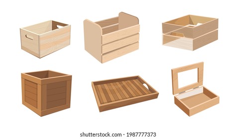 Conjunto de Cajas de Madera, Cajas de Madera para el Transporte de Mercancías. Caja de distribución de carga. Parcelas para Embalaje de Mercancías, Paletas Aisladas, Contenedores Vacíos de Transporte. Ilustración del vector de dibujos animados