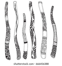 Set of wooden branches. Painted Sticks. Doodle style. Black and white, boho, vector, tribal design elements.