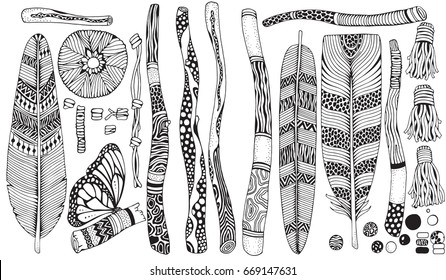 Set of wooden branches, Painted Sticks,  Feathers, flowers. Doodle style. Black and white, boho, vector, tribal design elements.