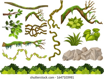 Set of wooden branches and rocks on white background illustration