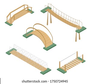 Set of wooden bridges. A path in a park across a river or ravine. Suspension bridge. Style is isometry. Vector isolated illustration.