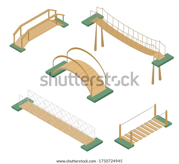 Set of wooden bridges. A path in a park\
across a river or ravine. Suspension bridge. Style is isometry.\
Vector isolated\
illustration.