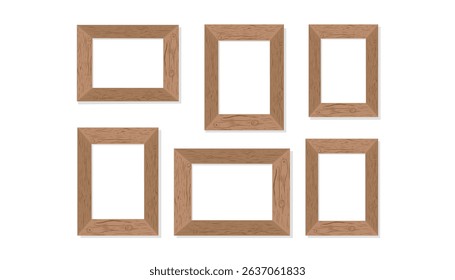 Set of wooden brown photo frames cliparts isolated on white background. Photo frame mockups. Vector illustration.