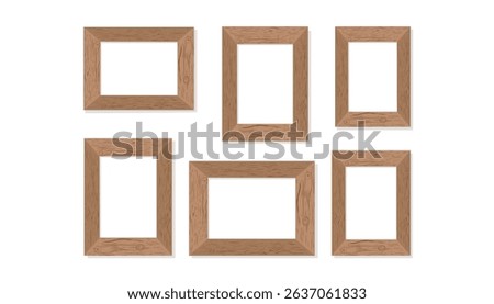 Set of wooden brown photo frames cliparts isolated on white background. Photo frame mockups. Vector illustration.