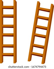 Set of wooden brown stairs. Go up to the top level. Straight and inclined objects. Rustic country Equipment