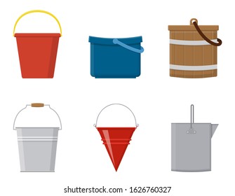 Set of wooden buckets and bucketful plastic empty or with water for gardening isolated on white background. Cartoon style. Vector illustration for any design.