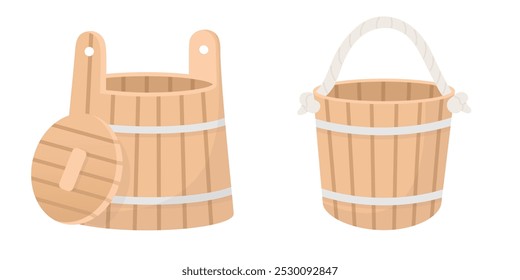 Set of wooden buckets flat style illustration. Sauna, bathhouse, spa object, design element isolated on white.