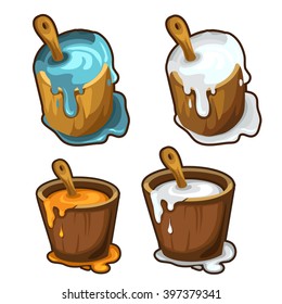 A set of wooden buckets of paint. Vector illustration.