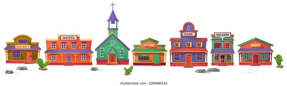 Set of wooden buildings isolated on white background. A town in the wild west USA with a jail, hotel, church, bank, saloon, post, store and shop for a cowboy game UI. Cartoon style vector illustration