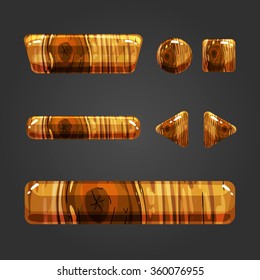 Set of wooden button  with different shapes. Vector gui elements for game design. 