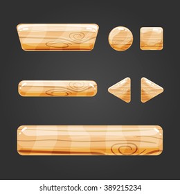 Set of wooden button  with different shapes. Vector gui elements for game design. 