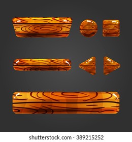 Set of wooden button  with different shapes. Vector gui elements for game design. 