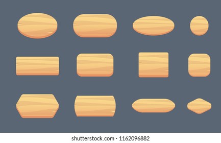 Set of wooden buttons for a gaming interface of various shapes. Raw wood forms and plates for inscriptions. GUI element. Vector illustration.